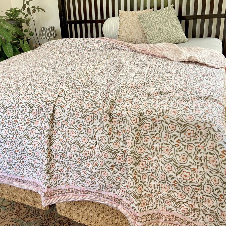 Quilted Bedspread Organic Cotton Reversible Bedspread Floral Etsy UK