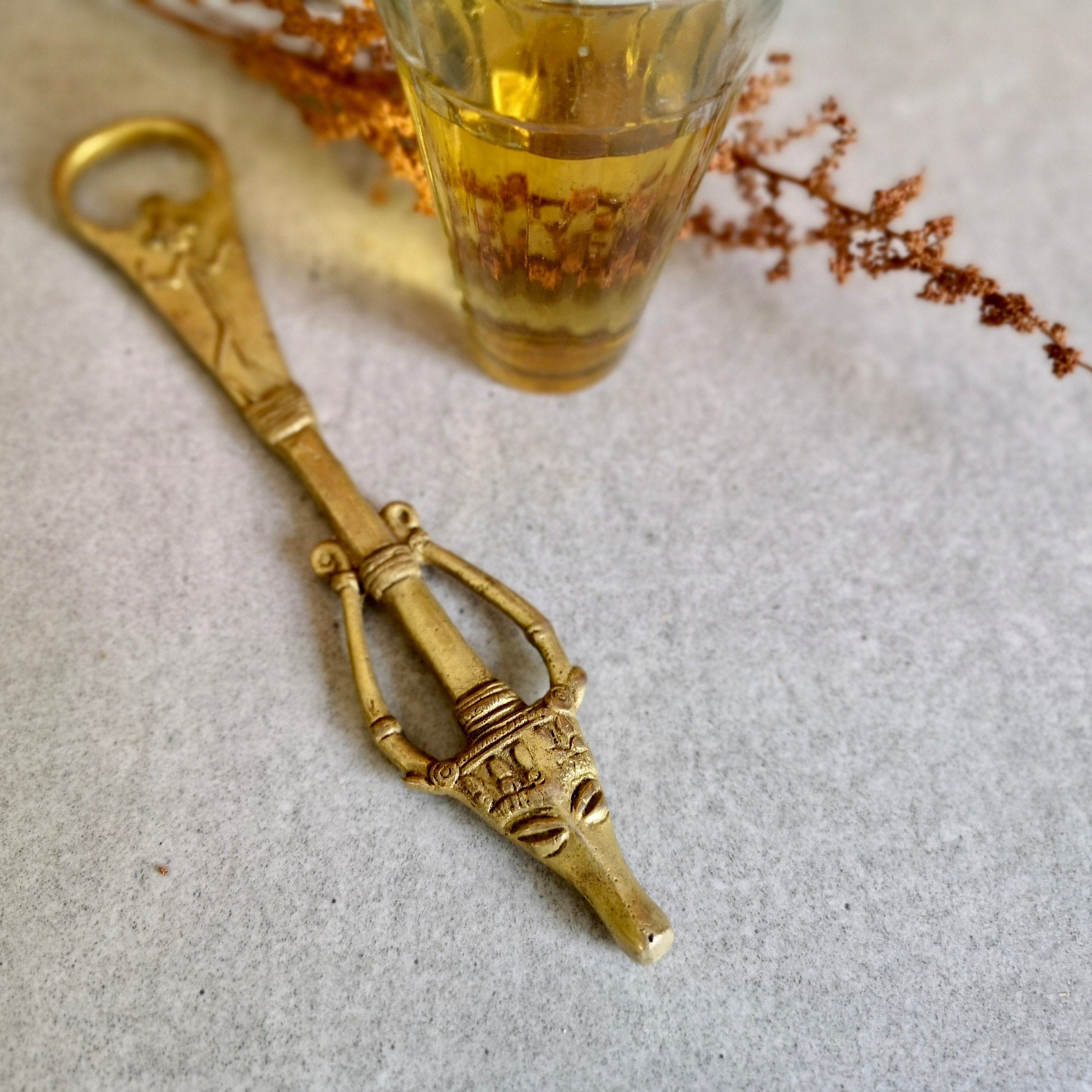 Antique Brass Bottle Opener, Brass Bar Accessory, Ornate Bottle