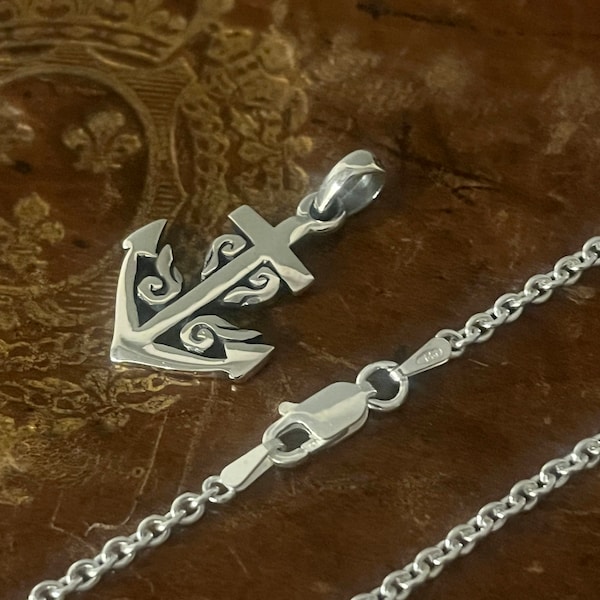 Pendentif ancre marine en argent 925. Collier chaine homme avec une ancre. Bijoux pour homme en argent. Collier marin en argent véritable.