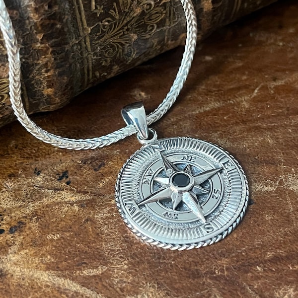 Pendentif boussole en argent 925. Collier homme en argent véritable. Bijoux pour homme. Cadeau pour lui. Collier marin , étoile polaire.