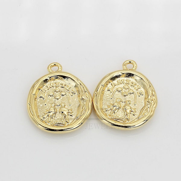 2pcs/P0025G/ L'Amitie Coin Pendant, Earrings pendant, Bracelet Charm, Necklace Pendant, Polished Gold-Plated, Jewelry Making