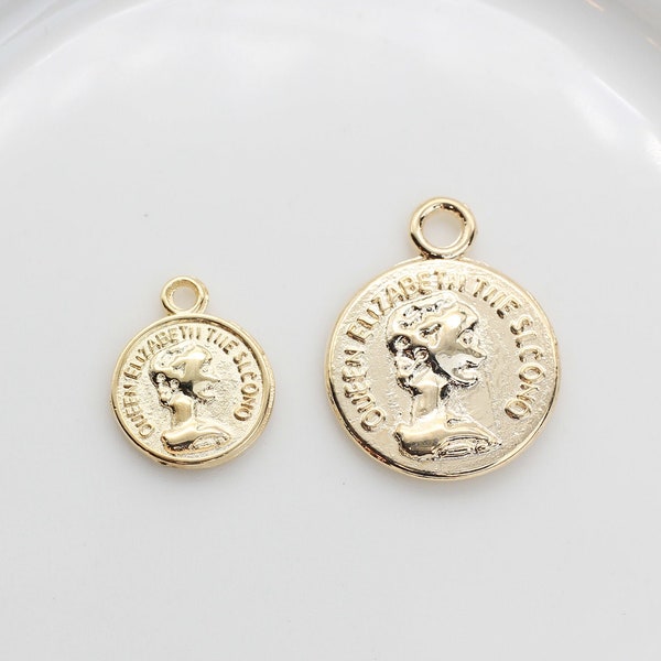 10pcs/P0031G/ Queen Elizabeth Coin Pendant, Necklace Pendant, Bracelet Charm, Polished Gold-Plated, Jewelry Making, Jewelry Supplies