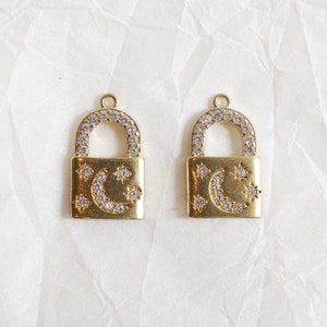 2pcs/QP0115/Moon star cubic lock pendant, Necklace Pendant, Bracelet Charm, Polished Gold/Rhodium-Plated, Jewelry Making