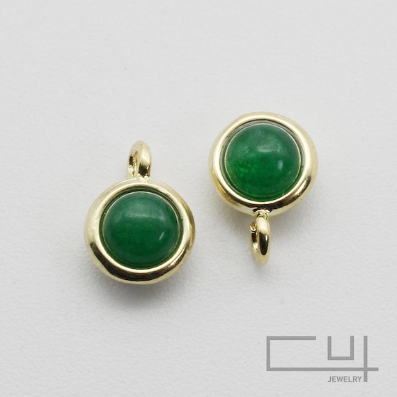 2pcs// Green Agate Pendant, Green Agate Charm, Birth Stone May, 4mm Green Agate, Smooth Round Drop, Polished Gold-Plated over brass