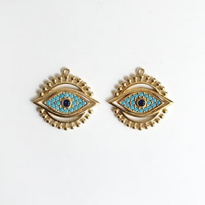 2pcs/QP0140/ Hamsa Cubic Blue Evil Eye Pendant, Eyelashes Evil Eye Pendant, Gold Line Turquoise Charm, Eyebrow Charm Medal Pendant