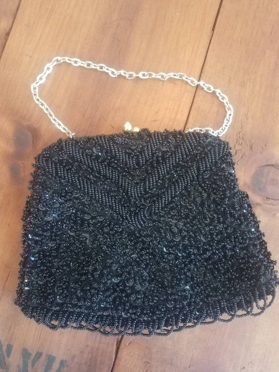 Vintage Black Beaded and Sequined evening Handbag 