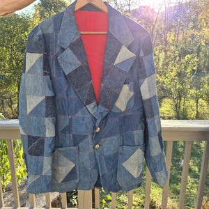 Vintage One-of-a-kind handmade denim blazer created from upcycled blue jeans patchwork jacket red lining, red stitching statement pockets