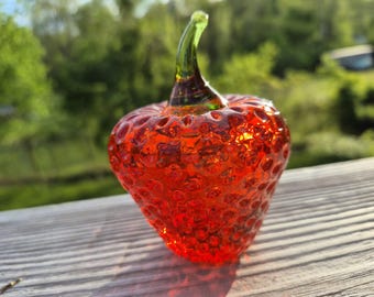 Vintage Viking Art Glass Red Strawberry Fruit Food Paperweight is handmade in usa