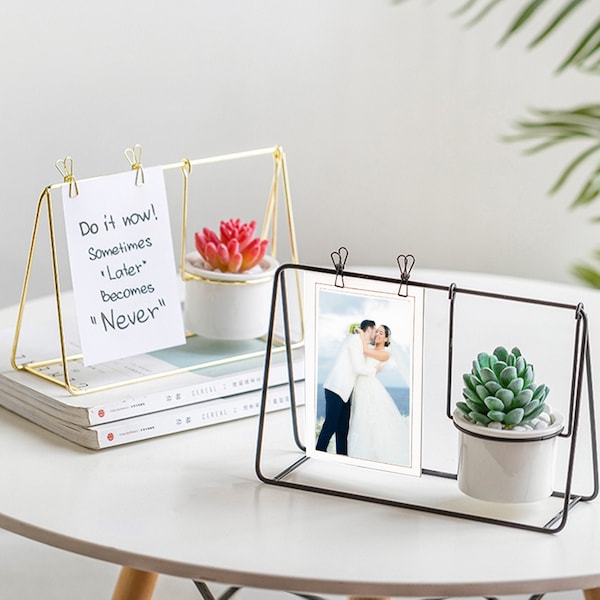 Photo Clip Desk Stand,Artificial Plants Decor,Pictures Message Holder,Memo Place Holder,Golden Black Metal Wire Photo Frame Display Hanging