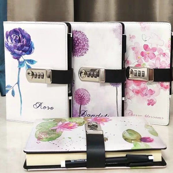 260pages  PU Coded Lock Journals and notebook,A5 Elegant Planner,Writing Diary Journals for Girls,Rose Flower Cover Notebook for Gift