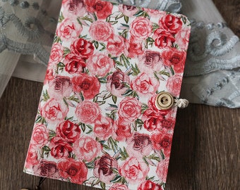 Handmade Rose Notebook Refillable,Writing Journal Soft Cover,6 Rings Floral Notebook,Fabric Belt Bound Art Planner 2023,Christmas Gift