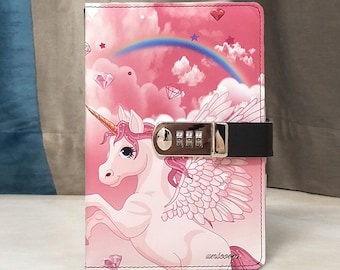 Regenbogen Einhorn Journals, Notizbücher Pink für Mädchen, geheimes Tagebuch mit Codeschloss, Geburtstag Weihnachtsgeschenk für Tochter, Pferd Notizbuch