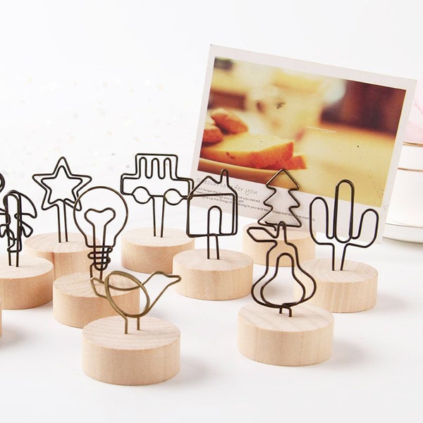 Wooden Photo Holder, Picture Holder with Wire Metal Shape, Wooden Memo Holder Stand, Desk Note Holder, Message Clip Wood,Wooden Photo pegs