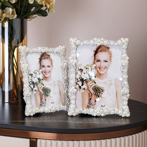 White Pearl Wedding Pictures Frame 4*6, Black Photo Frame5*7,Deskstand Picture Display6*8,Home Decor,Wedding Gift to Couples,Handmade frames