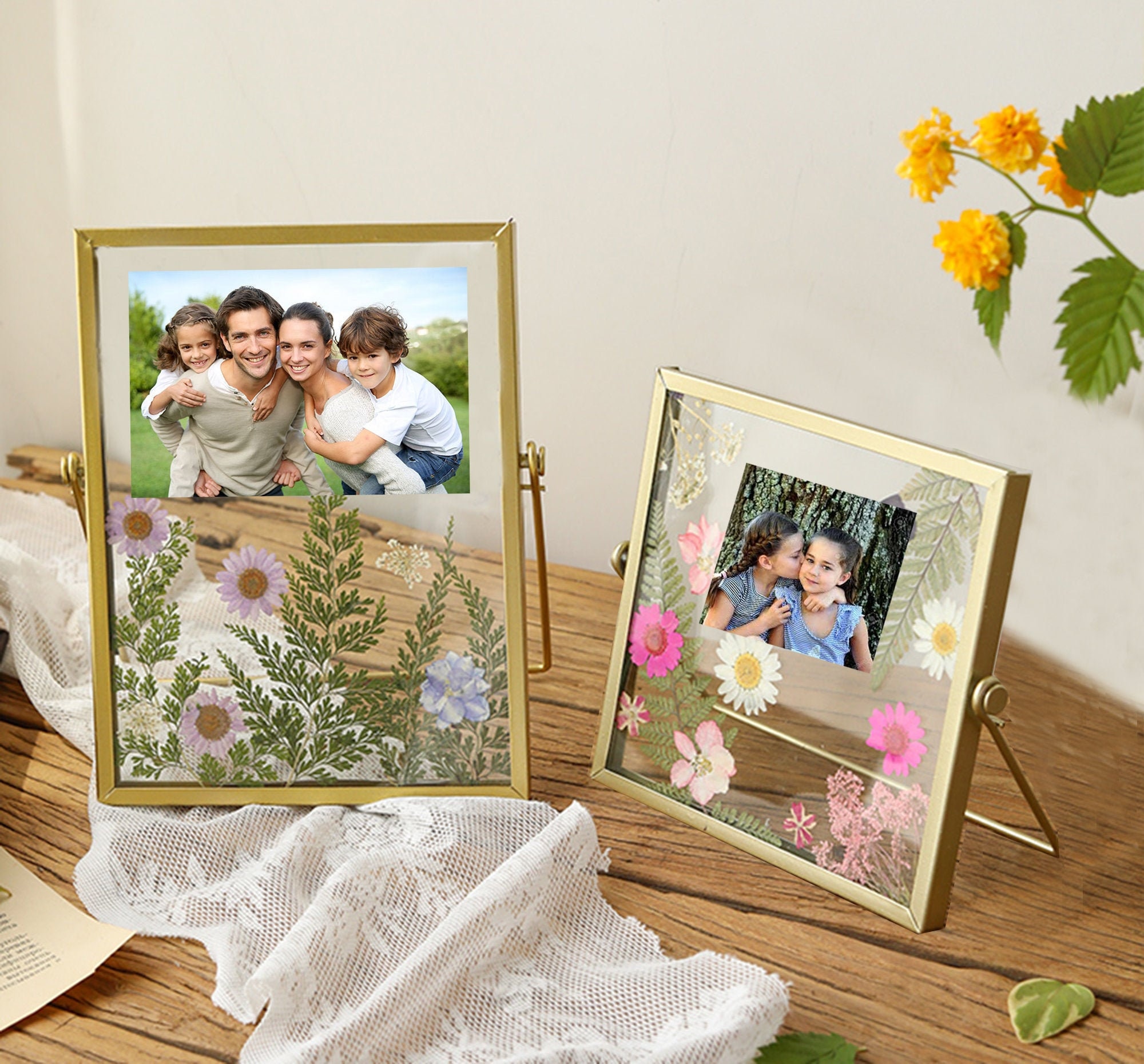 Vintage Wall Art Dried Pressed Flowers Gold Square Frames 2