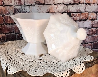 Vintage Milk Glass Candy Dish: Anchor Hocking Grape Pattern, 1950s Kitchen Decor