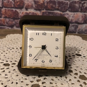 Vintage Travel Alarm Clock Taiwan in Dark Brown Plastic Case - Works - Working Wind Up Alarm Clock - Some Scratching on Plastic Cover