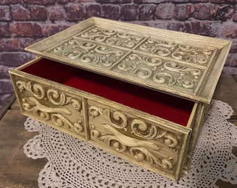 Vintage Lerner Jewelry Box: Faux Wood Carved Vanity Trinket Box