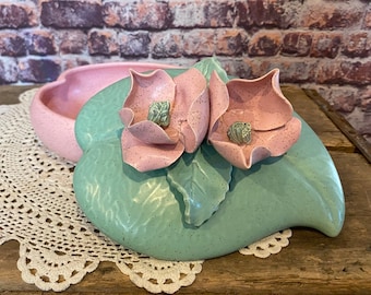Vintage USA Pottery Candy Dish: Pink Flowers, Green Lilypad