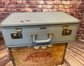 Vintage Suitcase - Modern Traveler Hard Side Suitcase with Keys - Light Blue Vintage Suitcase 14 quot x 21 quot Stage or Photo Prop