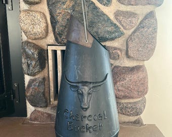 Vintage Charcoal Bucket - Plastic Blowmold with Handle - Black Longhorn