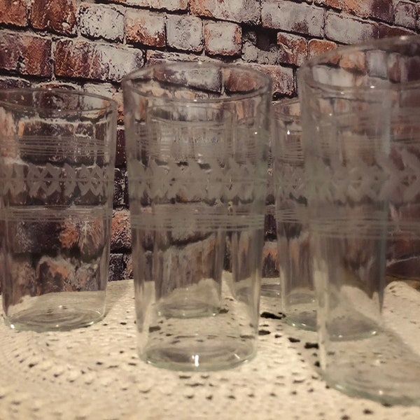 Vintage Etched Glass Tumblers - 9 ounce Clear Glasses with Etched Design