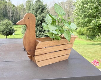 Handmade Wooden Duck Planter - Brown Goose Porch Planter