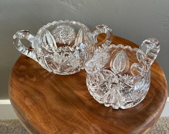 Vintage Cut Glass Crystal Sugar Bowl with Handles and Creamer