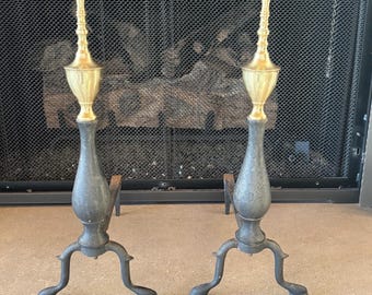 Vintage Brass and Iron Fireplace Andirons - Federal-Style - Colonial Revival Firedogs