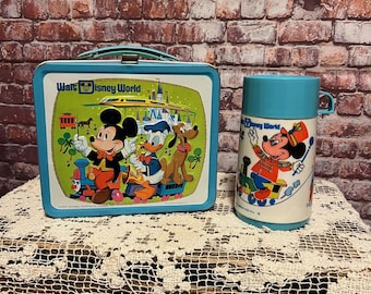 Vintage Walt Disney World Metal Lunchbox with Thermos Bottle - Country Bear Jamboree Mickey Mouse Donald Duck Pluto