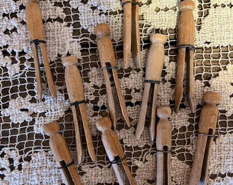 Vintage Wooden Clothespins - Dolly Peg Wire Wrapped Style - Laundry Decor