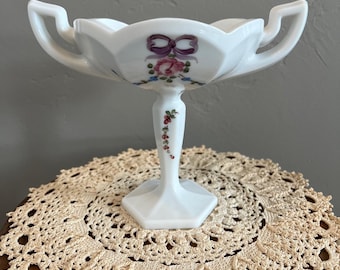 Vintage Westmoreland Milk Glass Roses and Bows Sweetmeat Footed Compote Bowl