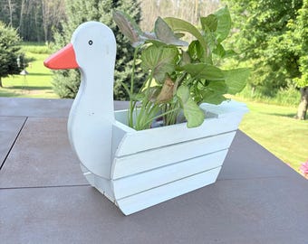 Wooden Duck Planter - White Goose Porch Planter