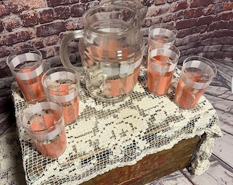 Vintage Federal Glass Pitcher and Tumbler Set - Pink and White Basketweave Pattern - MCM Drinkware