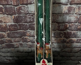 Vintage Christmas Green Reindeer Taper Candle - 12" set of 2