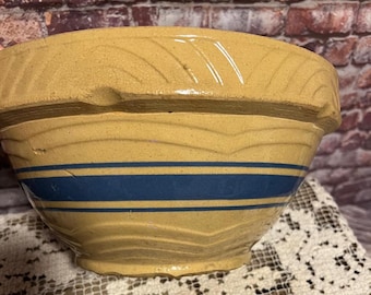 Vintage Yellowware Pottery Mixing Bowl - Large 11" Blue Stripes Salt Glaze - USA #104