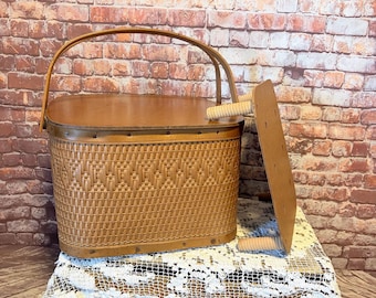 Vintage Red-Man Woven Picnic Basket with Pie Riser and Hinged Lid