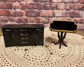 Vintage Dollhouse Buffet and Wall Table - Brown Plastic with Goldtone Trim