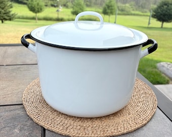 Vintage White and Black Trim Enamel Ware Stock Pot