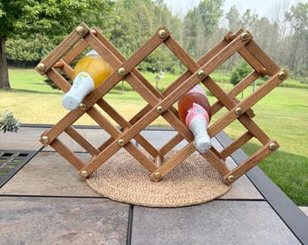 Vintage Folding Wooden Wine Rack - Accordion  Style Wall Display - Mid Century Expandable Bottle Holder
