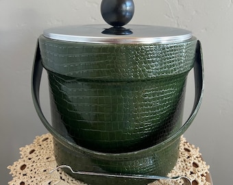 Vintage Green Faux Leather Ice Bucket with Tongs - MCM Faux Alligator Leather - Retro Barware