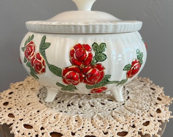 Vintage Footed Porcelain Biscuit Bowl - Hand Painted Red & Gold Roses