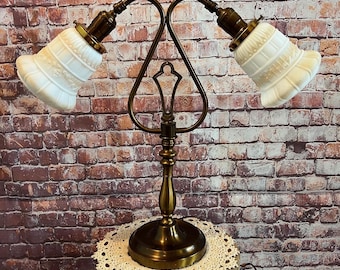 Vintage Brass Double Gooseneck Table Lamp - Flexible MCM Desk Lighting