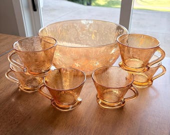 Vintage Punch Bowl Set - Jeannette Floragold Louisa Floral Etched Iridescent Amber Gold