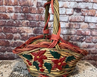 Vintage Wicker Basket with Hand Painted Poinsettias and Holly