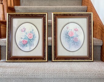 Vintage Wyona Newton Floral Rose Prints – Framed Oval Wall Art Set