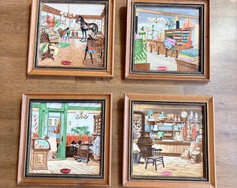 Vintage Enesco Ceramic Wall Tiles – Early American Country Store Scenes (Set of 4)