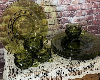 Vintage Green Snack Plate and Cup Set - Indiana Glass King's Crown - 4 Sets