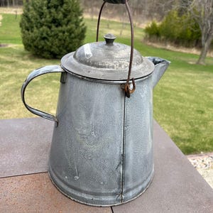 Vintage Graniteware Enamel Kettle with Lid and Handle - Cowboy Coffee Pot