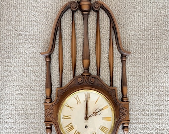 Vintage Syroco 8-Day Eagle Wall Clock – Faux Wood, Jeweled, Key Regency (Not Working)